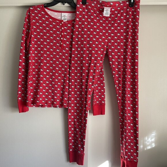Vineyard Vines Holiday Santa Whales Long Pajama Sleep SET Size M Red Cotton PJs - Picture 3 of 13
